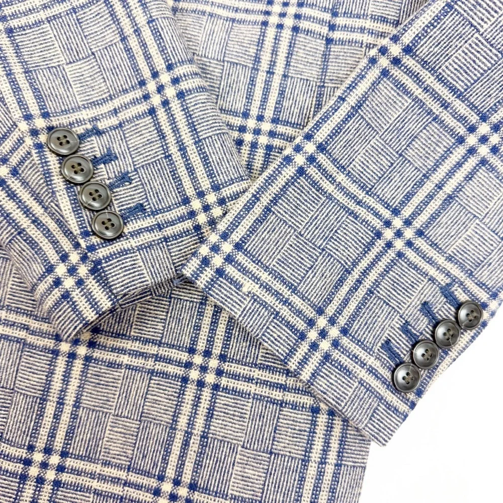 Madewell Larsen Blazer in Glen Plaid Indigo Blue Tan Academia Office Career Wool
